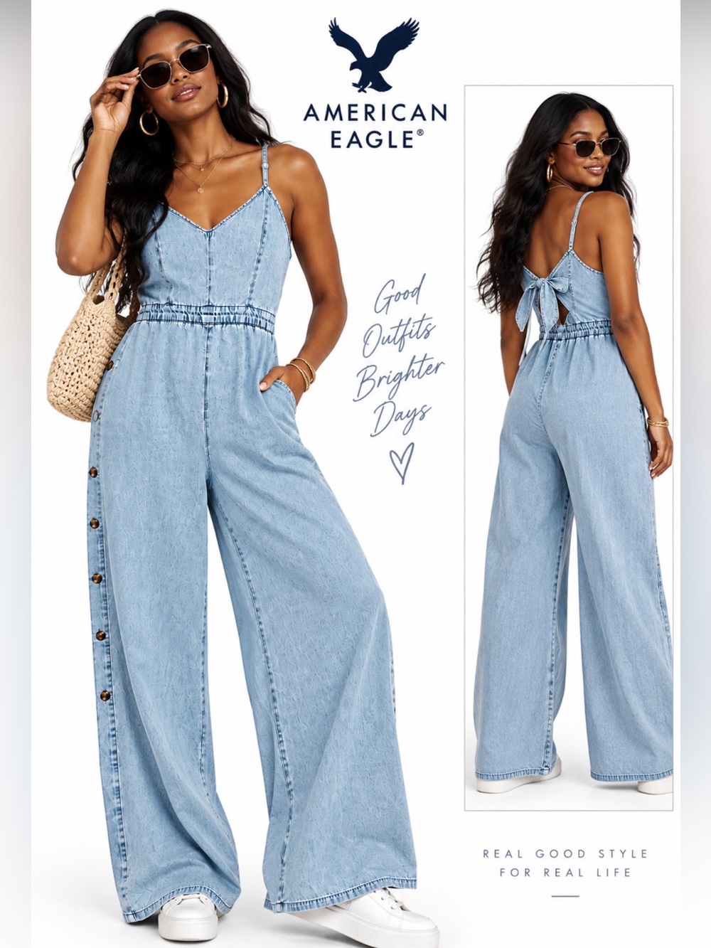 American Eagle Light Blue Denim Wide-Leg Jumpsuit with Tie-Back